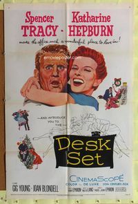 3z217 DESK SET one-sheet '57 Spencer Tracy & Katharine Hepburn make the office a wonderful place!