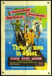 3z907 THREE MEN IN A BOAT English one-sheet '56 Laurence Harvey, wacky art of cast on gondola!