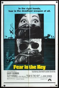 3z297 FEAR IS THE KEY one-sheet '73 Alistair MacLean, creepy image of pretty girl turned into skull!