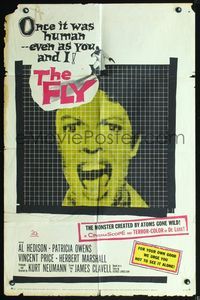 3z322 FLY one-sheet '58 classic sci-fi, great close up of girl screaming as seen through fly's eyes!