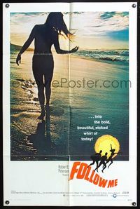 3z325 FOLLOW ME one-sheet movie poster '69 great image of sexy babe walking on beach at sunset!