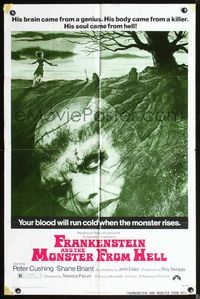 3z344 FRANKENSTEIN & THE MONSTER FROM HELL 1sh '74 your blood will run cold when the monster rises!