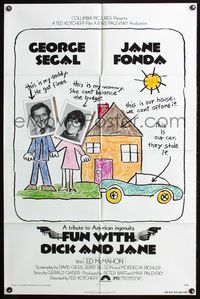 3z359 FUN WITH DICK & JANE one-sheet '77 George Segal, Jane Fonda, great child's drawing poster art!