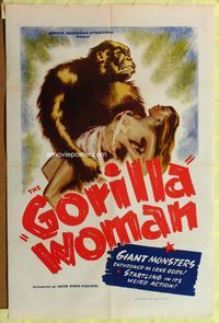 3z001 GORILLA WOMAN one-sheet '40s wonderful art of giant African ape holding sexy near-naked babe!