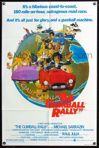 3z422 GUMBALL RALLY style A 1sheet '76 Michael Sarrazin, wacky art of car racing around the world!
