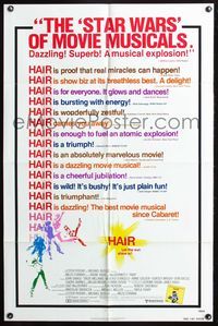 3z427 HAIR reviews style one-sheet '79 Milos Forman, Treat Williams, musical, let the sun shine in!