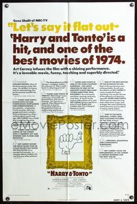 3z437 HARRY & TONTO reviews style one-sheet poster '74 Paul Mazursky, Best Actor winner Art Carney!