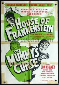 3z471 HOUSE OF FRANKENSTEIN/MUMMYS CURSE 1sheet '45 double-bill release, Boris Karloff, Lon Chaney!