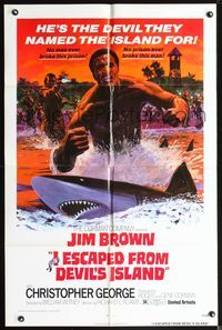 3z487 I ESCAPED FROM DEVIL'S ISLAND one-sheet poster '73 cool art of Jim Brown swimming w/sharks!