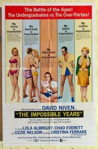 3z498 IMPOSSIBLE YEARS 1sheet '68 David Niven, sexy Christina Ferrare, undergrads vs. over-thirties!