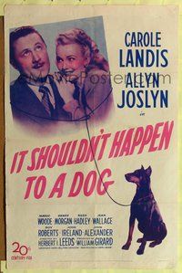 3z519 IT SHOULDN'T HAPPEN TO A DOG one-sheet '46 c/u of Carole Landis & Allyn Joslyn with Doberman!