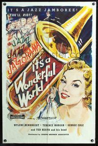 3z521 IT'S A WONDERFUL WORLD one-sheet '59 really cool art of Demongeot & jazz trombone by Yukovich!
