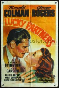 3z609 LUCKY PARTNERS one-sheet '40 wonderful close up romantic art of Ronald Colman & Ginger Rogers!