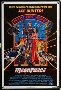 3z628 MEGAFORCE one-sheet '82 cool art of super hero Barry Bostwick as Ace Hunter with sexy babe!