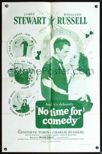 3z684 NO TIME FOR COMEDY one-sheet R56 great romantic close up of Jimmy Stewart & Rosalind Russell!