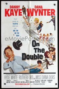 3z697 ON THE DOUBLE one-sheet movie poster '61 great art of wacky Danny Kaye & sexy Diana Dors!