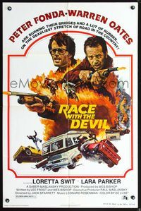 3z749 RACE WITH THE DEVIL style A one-sheet '75 Peter Fonda, Warren Oates, burning bridges & rubber!