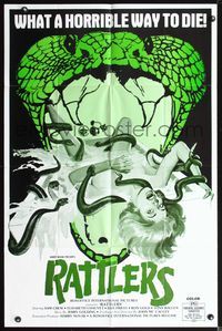 3z753 RATTLERS one-sheet '75 wild snake eats sexy girl in bathtub image, what a horrible way to die!