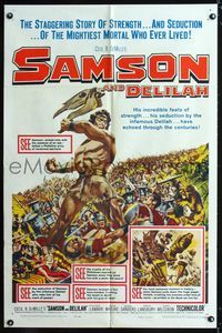 3z787 SAMSON & DELILAH one-sheet poster R59 cool art of Victor Mature as Samson vs. Roman army!