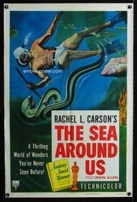 3z796 SEA AROUND US one-sheet poster '53 really cool image of scuba diver and undersea creatures!