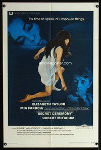 3z798 SECRET CEREMONY one-sheet '68 Elizabeth Taylor, Mia Farrow, Robert Mitchum, Joseph Losey