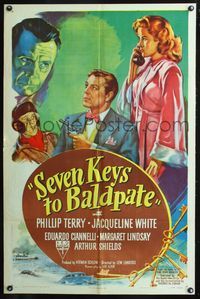 3z804 SEVEN KEYS TO BALDPATE style A one-sheet '47 art of sexy Jacqueline White & Phillip Terry!
