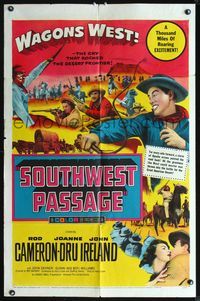 3z847 SOUTHWEST PASSAGE 1sheet '54 cool image of Rod Cameron with whip, battle w/Native Americans!
