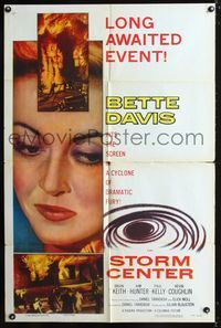 3z862 STORM CENTER one-sheet '56 close-up artwork of Bette Davis, scenes of firemen vs. inferno!
