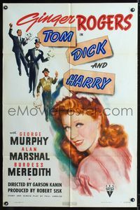 3z921 TOM, DICK & HARRY 1sheet '41 close up art of pretty Ginger Rogers, Murphy, Marshal, Meredith
