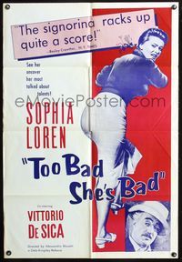 3z923 TOO BAD SHE'S BAD one-sheet '54 De Sica, Sophia Loren uncovers her most talked about talents!