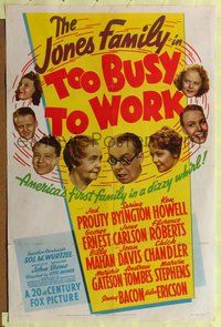 3z924 TOO BUSY TO WORK one-sheet movie poster '39 great headshot images of the entire Jones Family!