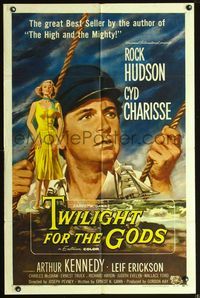 3z938 TWILIGHT FOR THE GODS one-sheet '58 great artwork of Rock Hudson & sexy Cyd Charisse on beach!