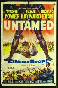 3z947 UNTAMED one-sheet '55 cool art of Tyrone Power & Susan Hayward in Africa with native tribe!