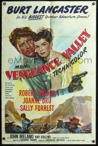 3z951 VENGEANCE VALLEY one-sheet poster '51 art of Burt Lancaster holding Joanne Dru & pointing gun!