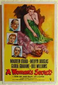 3z989 WOMAN'S SECRET one-sheet movie poster '49 Maureen O'Hara w/smoking gun in Nicholas Ray noir!