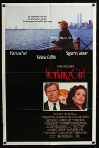 3z990 WORKING GIRL 1sheet '88 Harrison Ford, Sigourney Weaver looking over ocean by New York City!