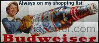 4a066 BUDWEISER billboard poster '50s Always on my shopping list, great image of woman & giant beer bottle!