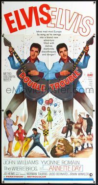 4a035 DOUBLE TROUBLE three-sheet '67 cool mirror image of rockin' Elvis Presley playing guitar!