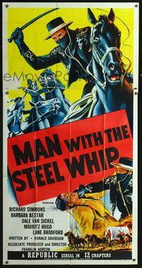 4a040 MAN WITH THE STEEL WHIP 3sheet '54 serial, cool art of masked hero on horse lashing his whip!