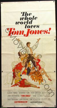 4a046 TOM JONES int'l three-sheet '63 great artwork of Albert Finney surrounded by sexy women!