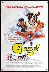 4a326 GEORGE 40x60 poster '72 wacky art of giant St. Bernard dog flying airplane over Swiss Alps!