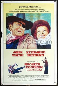 4a362 ROOSTER COGBURN 40x60 poster '75 great art of John Wayne with eyepatch & Katharine Hepburn!