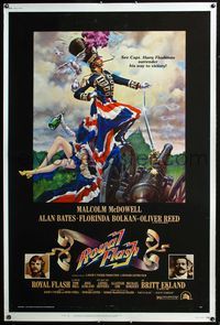 4a365 ROYAL FLASH 40x60 '75 great art of uniformed Malcolm McDowell & sexy babe draped in flag!