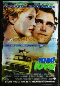 4a255 MAD LOVE bus stop movie poster '95 super close up of wild Drew Barrymore & Chris O'Donnell!