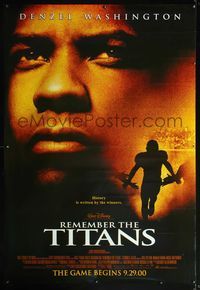 4a276 REMEMBER THE TITANS DS bus stop poster '00 huge close up of Denzel Washington, football!