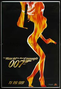 4a297 WORLD IS NOT ENOUGH DS bus stop '99 James Bond, sexy flaming silhouette image of girl w/gun!