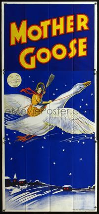 4a058 MOTHER GOOSE stage play English 3sh '30s stone litho art of mom holding broom & riding goose!