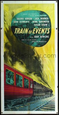 4a054 TRAIN OF EVENTS English 3sheet '49 stone litho of passengers on railroad train about to crash!