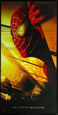 4a198 SPIDER-MAN vinyl banner poster '02 best image of Tobey Maguire with World Trade Center in eye!