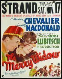 4a075 MERRY WIDOW jumbo window card '34 Maurice Chevalier, Jeanette MacDonald, Ernst Lubitsch
